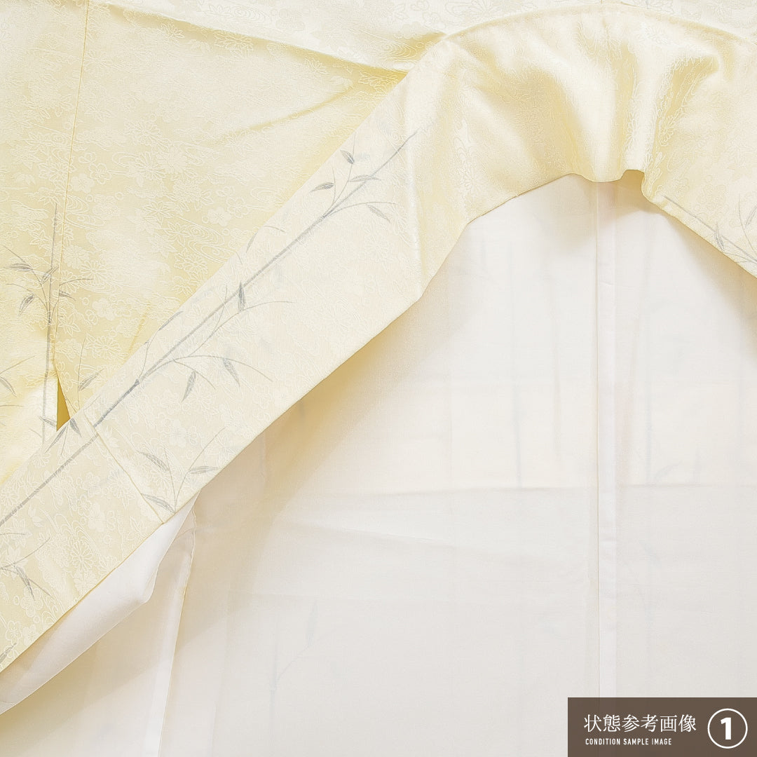 洗える着物 付下げ 袷 身丈150cm 裄丈62cm ポリエステル Sランク 紋意匠 (梅や紅葉) インフォーマル 広衿 Sサイズ 竹 黄系 RP 1218-15985
