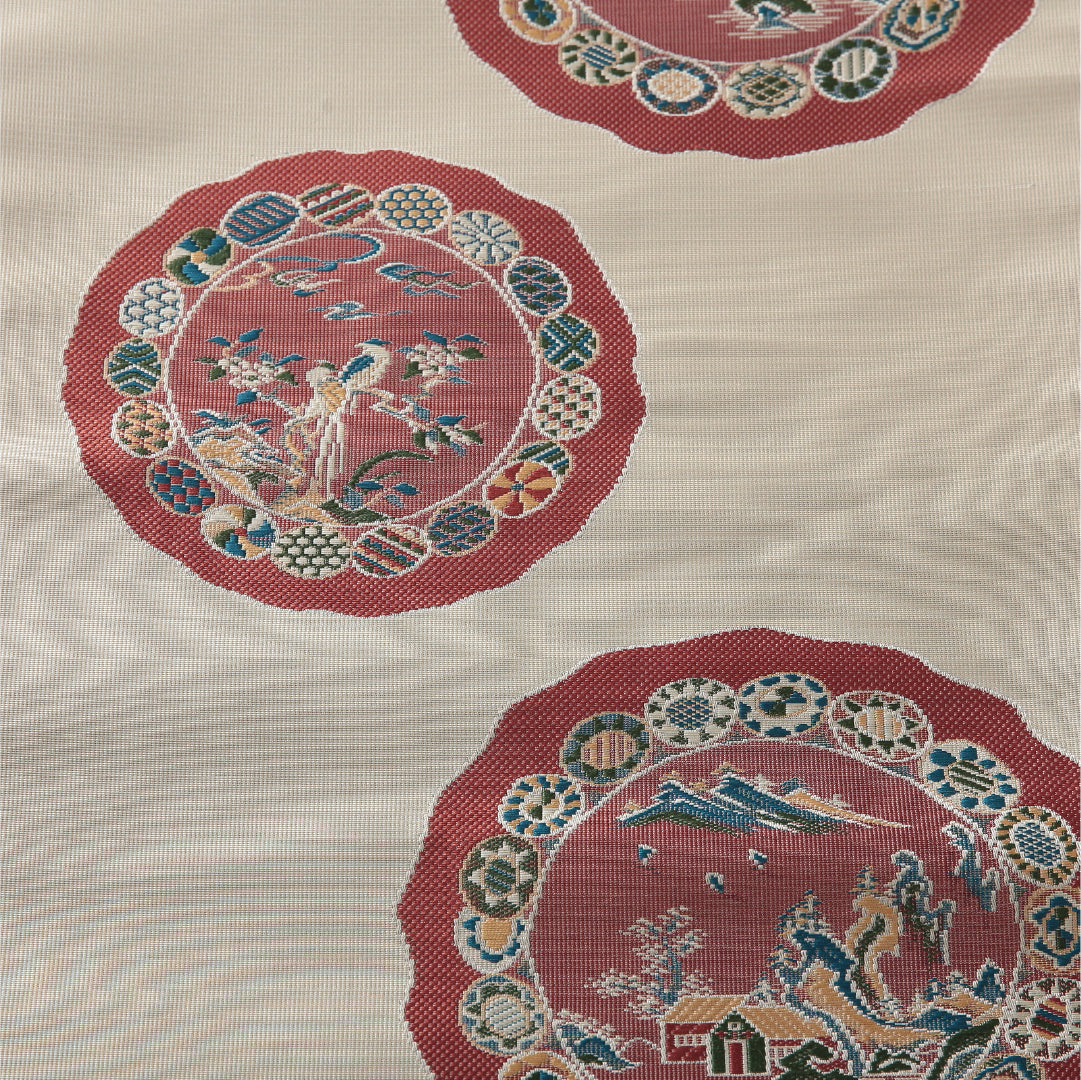 八寸名古屋帯 帯丈364cm カジュアル 松葉仕立て 六通 Cランク 正絹 丸文 クリーム系 1224-03835