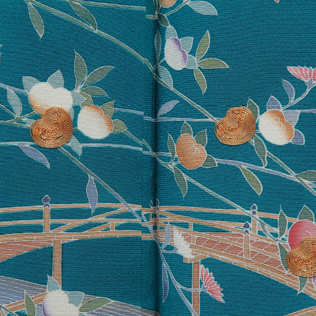 訪問着 洗える着物 袷 身丈156cm 裄丈65cm ポリエステル Sランク Mサイズ 広衿 セミフォーマル 流水 橘 金駒刺繍 緑系 青系 1212-16086