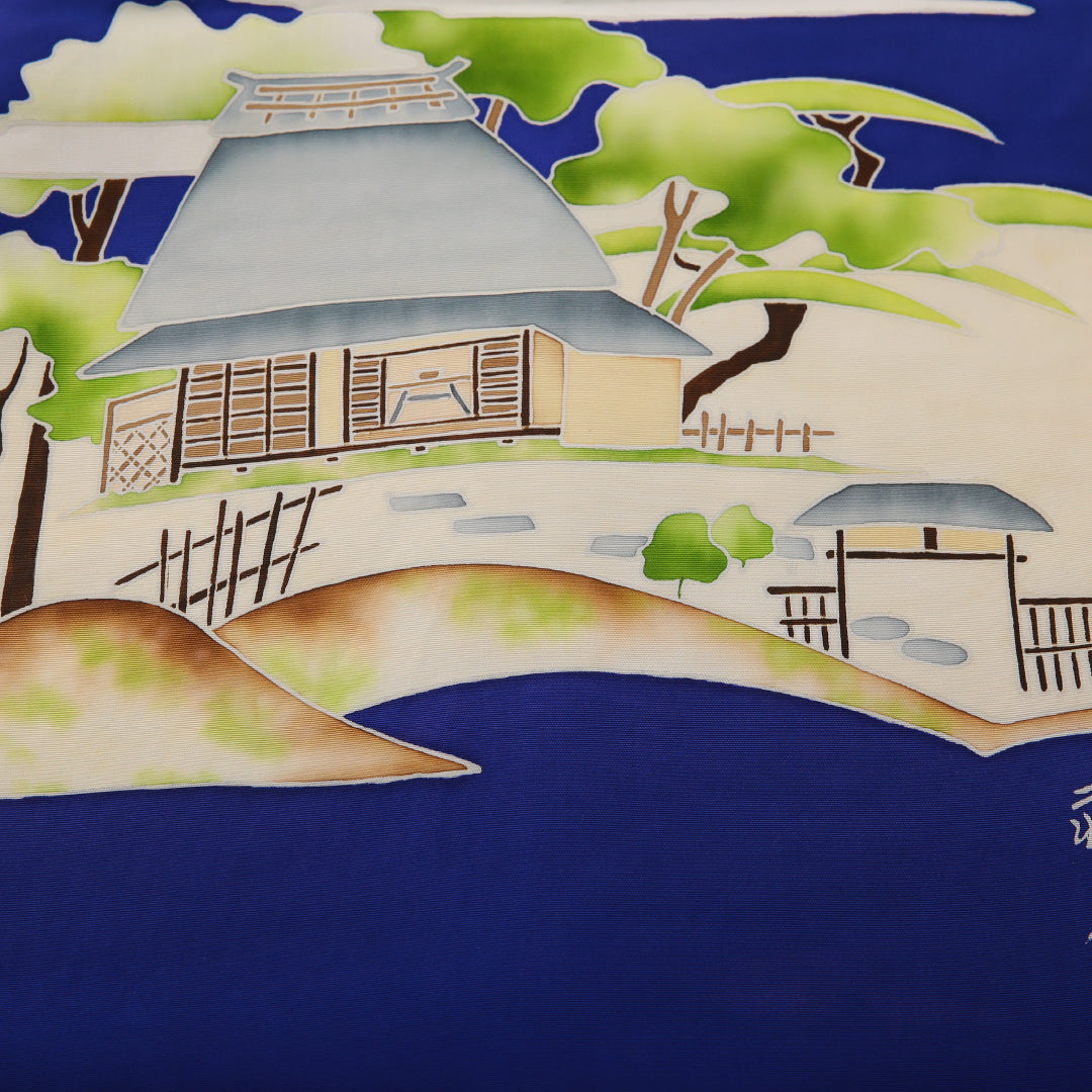 九寸名古屋帯 帯丈381cm カジュアル 名古屋仕立て ポイント柄 Bランク 正絹 染め帯 塩瀬 風景柄 青系 1224-03494