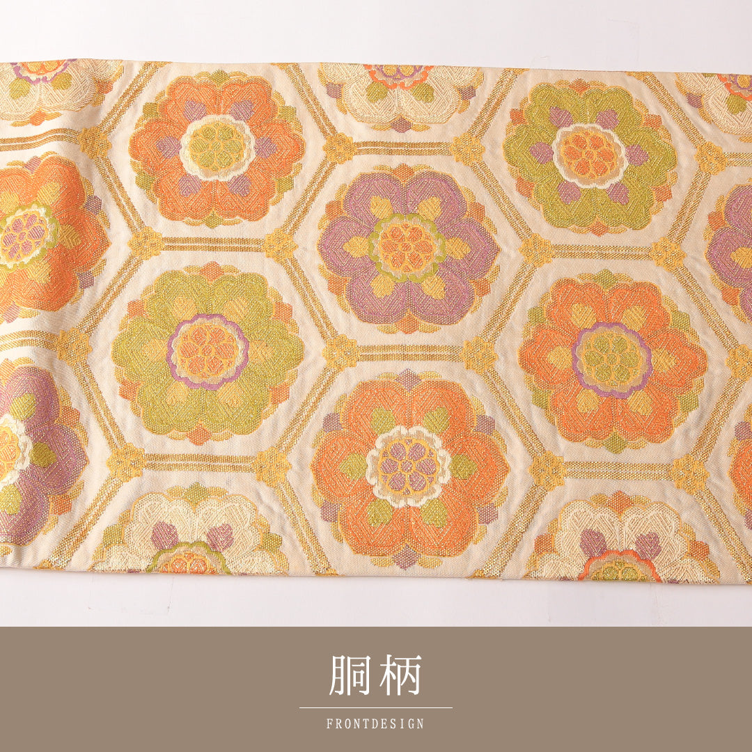袋帯 帯丈412cm 正絹 六通 フォーマル 宝相華 亀甲 金系 1243-01764