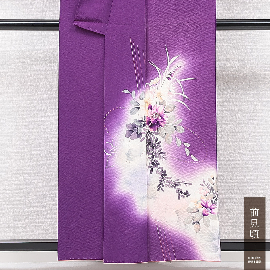 訪問着 袷 身丈157cm 裄丈65cm 正絹 Cランク セミフォーマル 広衿 Mサイズ ぼかし 椿 可憐 鮮やか 紫系 HP 1217-15075
