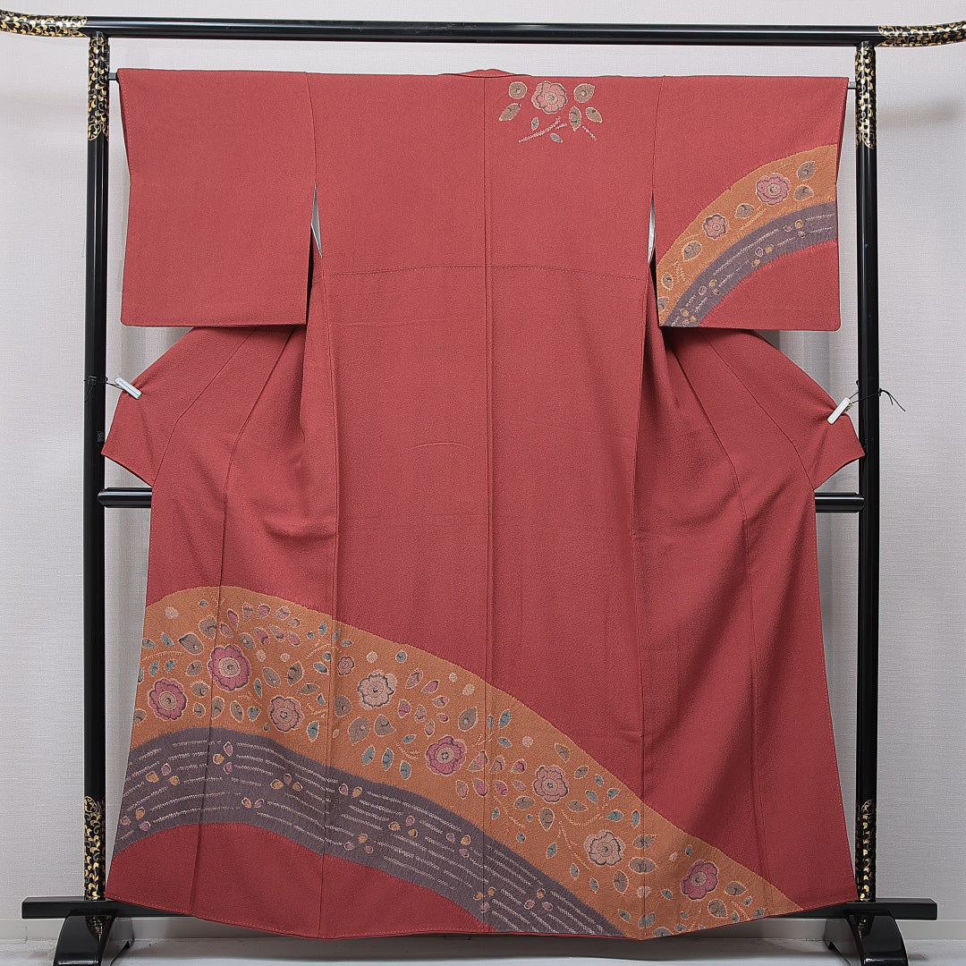 付下げ 袷 身丈160cm 裄丈65cm 正絹 Sランク Lサイズ 広衿 インフォーマル ふくれ織 辻が花 赤系 1261-15721