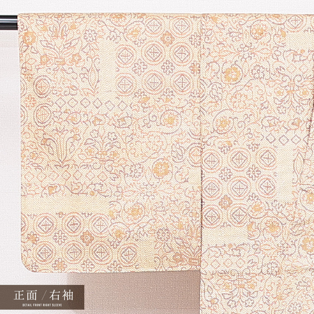 紬 袷 身丈146cm 裄丈58cm 正絹 Sランク カジュアル 広衿 XSサイズ 花柄 クリーム系 RP 1223-15087