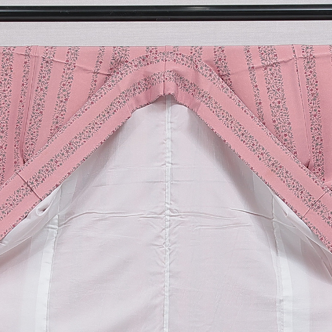 小紋 洗える着物 袷 身丈161cm 裄丈65cm ポリエステル Cランク Lサイズ 広衿 インフォーマル 花柄 ピンク系 1215-16103