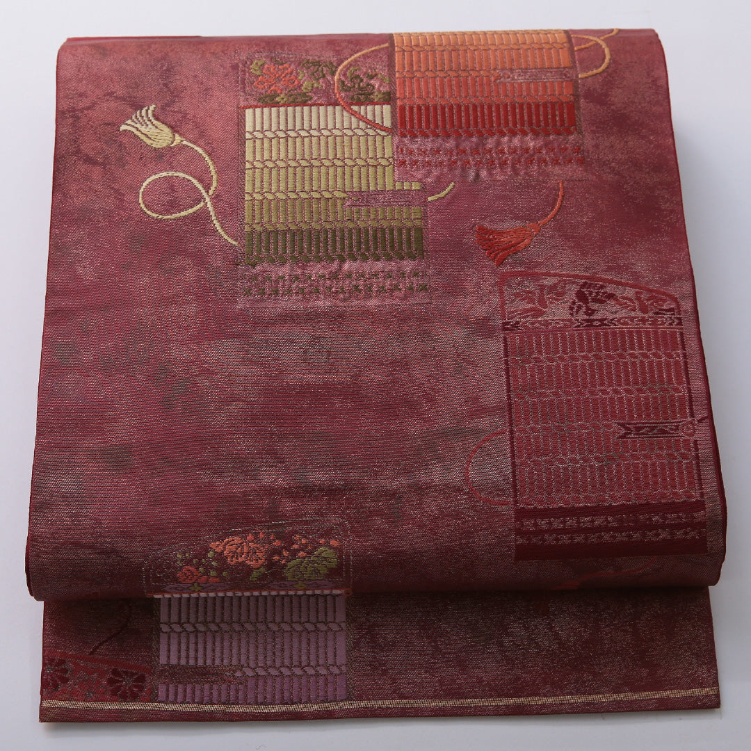 袋帯 帯丈420cm フォーマル 六通 Sランク 正絹 組紐 赤系 1223-02068