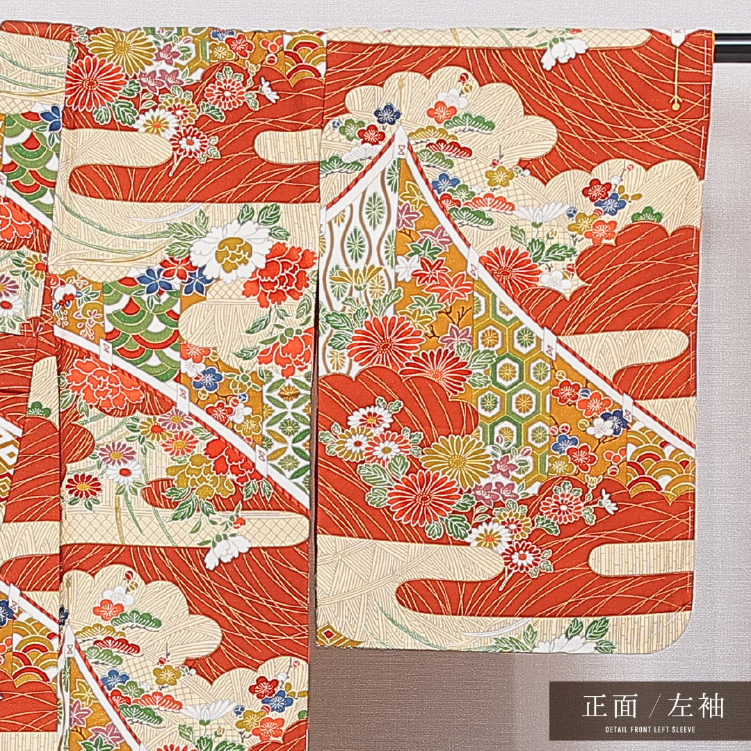 小紋 袷 身丈158cm 裄丈62cm 正絹 Sランク インフォーマル バチ衿 Mサイズ 菊 吉祥文様 朱系 RP 1221-16736