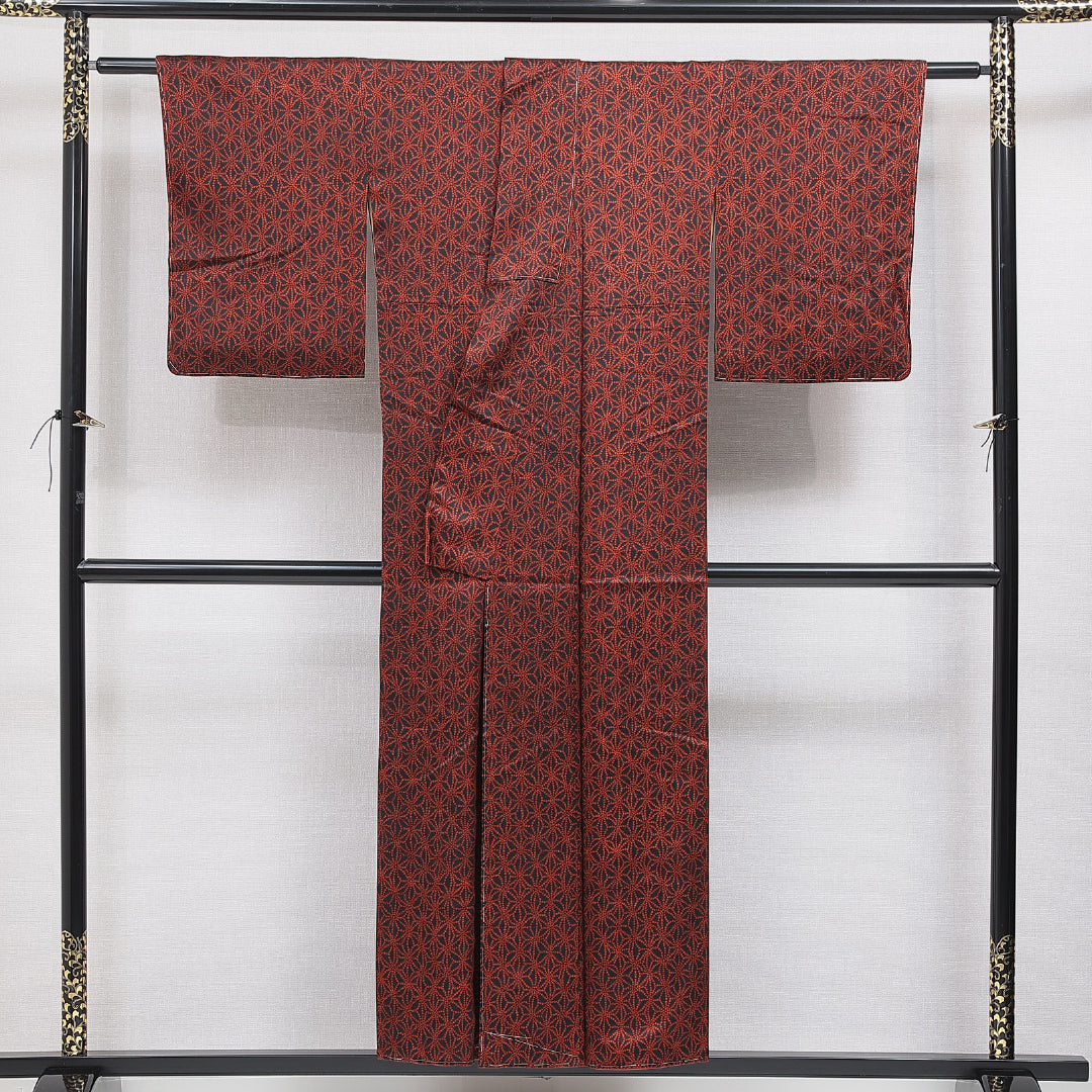 小紋 袷 身丈152cm 裄丈61cm 正絹 Cランク インフォーマル 広衿 Sサイズ 麻の葉 赤系 LP 1221-16418