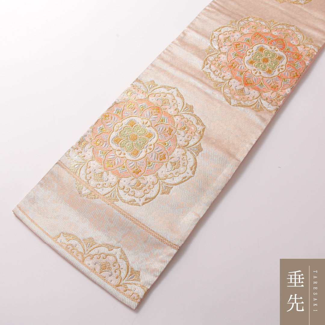 袋帯 帯丈432cm 正絹 六通 フォーマル 宝相華 金系 ピンク系 1243-01791
