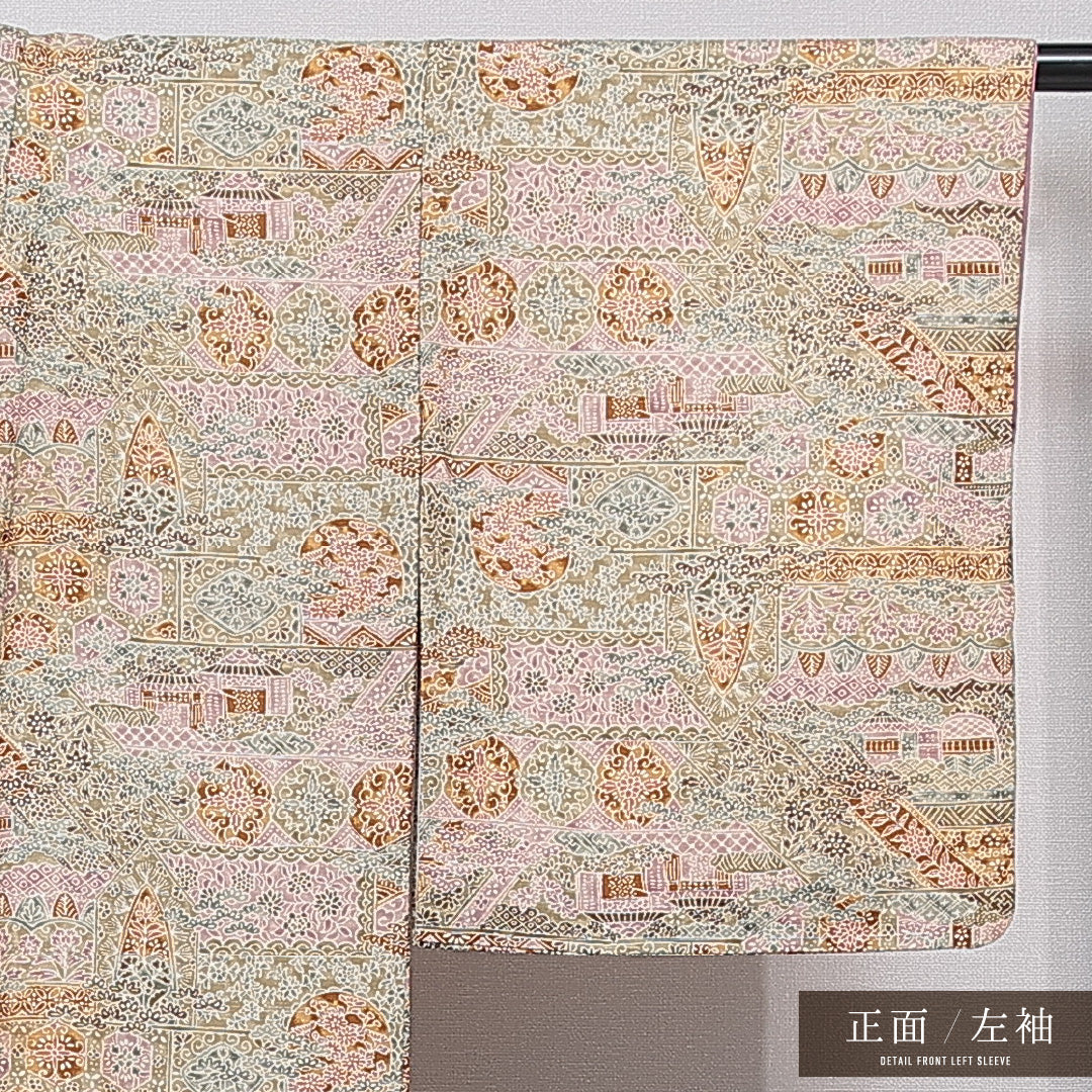 小紋 袷 身丈157cm 裄丈62cm 正絹 Cランク インフォーマル バチ衿 Mサイズ 染め紬 ぼかし染 創作柄 緑系 HP 1221-15557