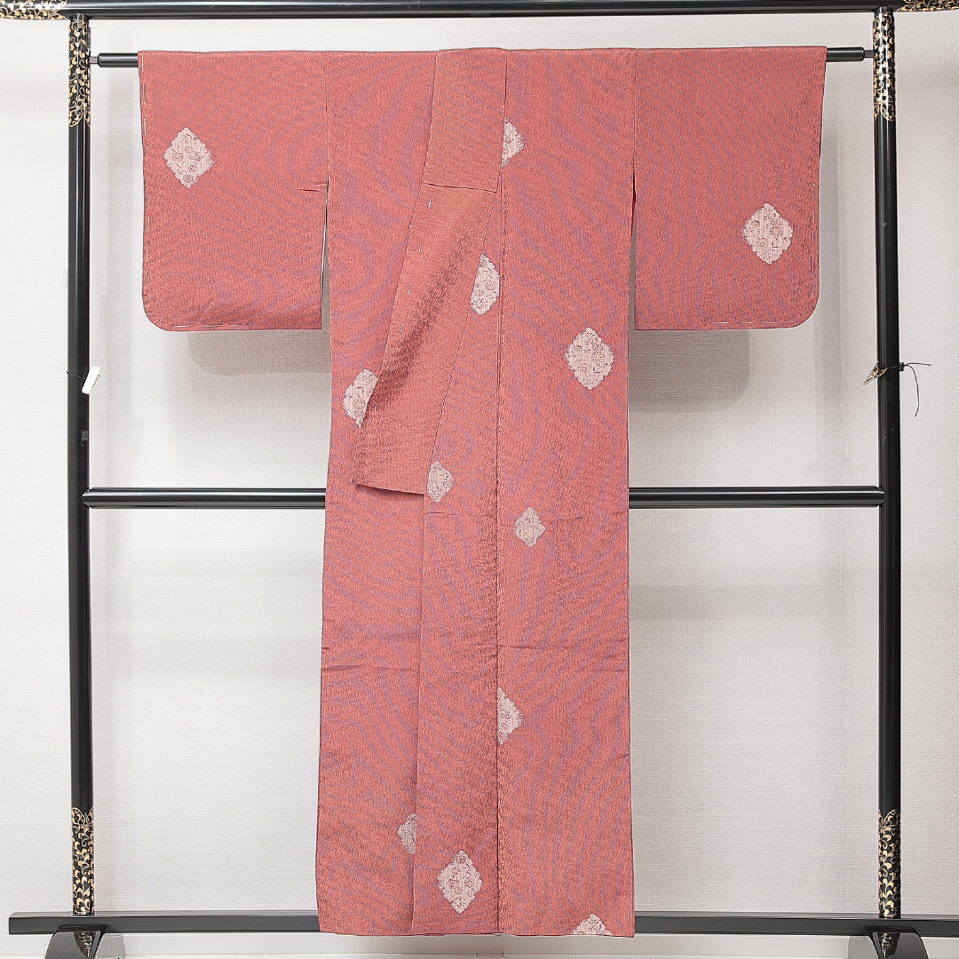 アンティーク 紬 袷 身丈153cm 裄丈63cm 正絹 Aランク Sサイズ 広衿 花柄 赤系 1216-15233