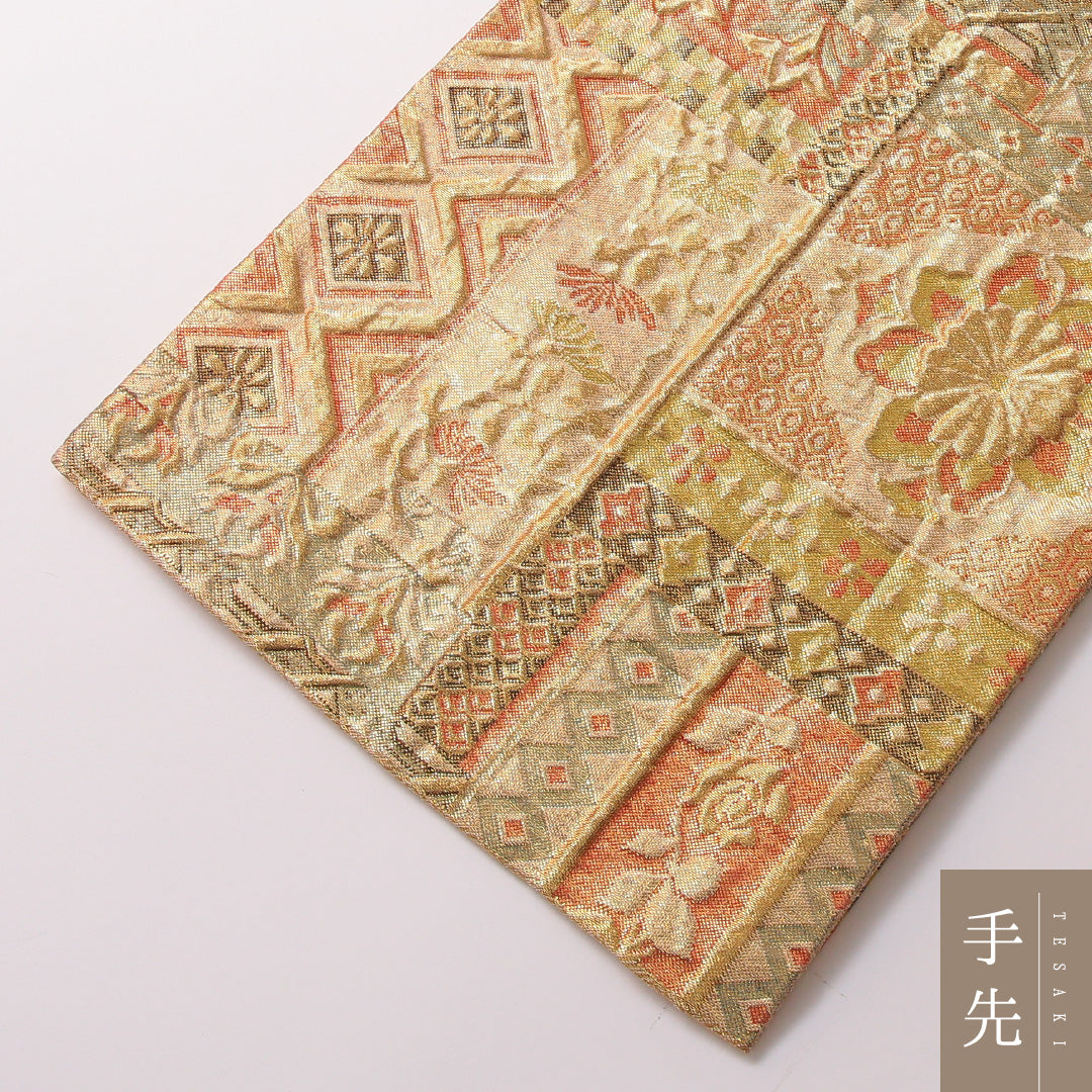 袋帯 帯丈436cm 正絹 六通 フォーマル ふくれ織 裂取り 唐草華文 ペルシャ文様 金系 1243-01787
