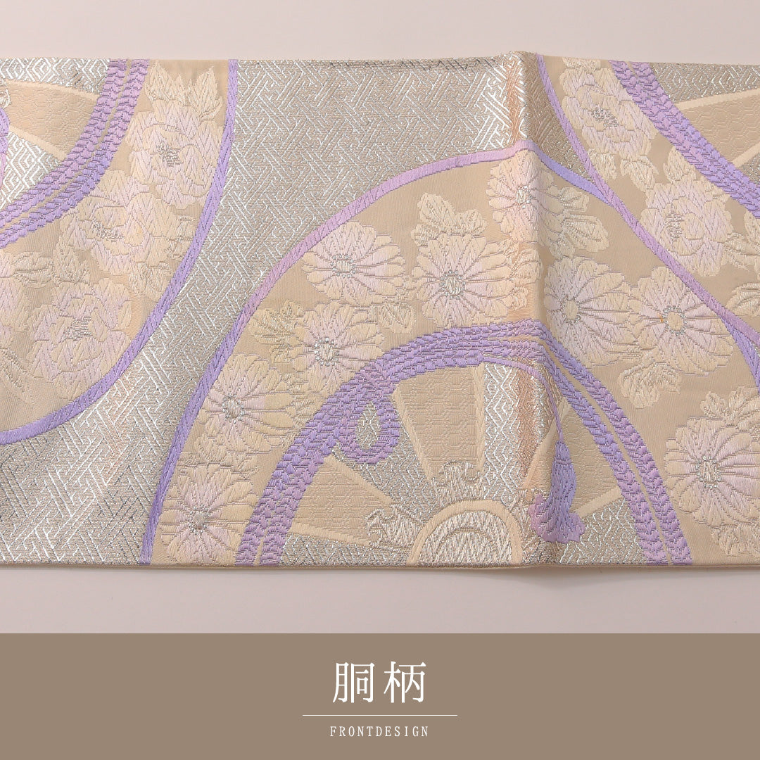 袋帯 帯丈428cm フォーマル 六通 Cランク 正絹 組紐 紗綾型 白系 銀系 1223-01901