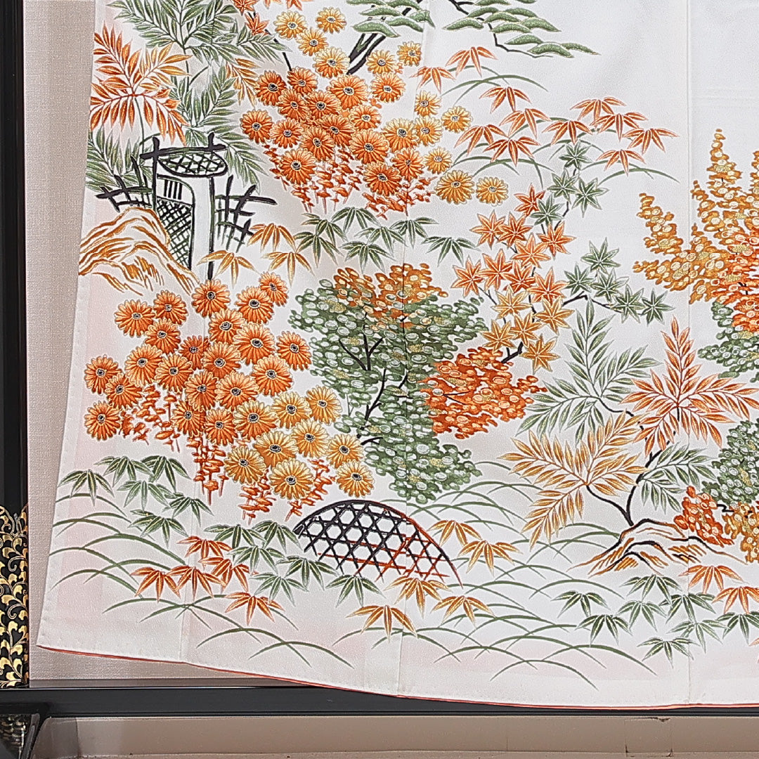 訪問着 洗える着物 袷 身丈158cm 裄丈63cm ポリエステル Cランク Mサイズ 広衿 セミフォーマル 風景柄 白系 1212-16256