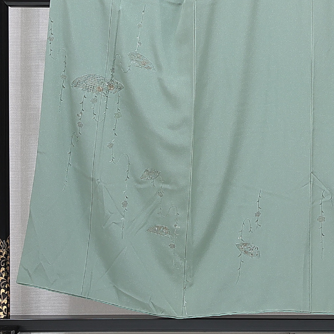 付下げ 袷 身丈153cm 裄丈60cm 正絹 Sランク Sサイズ 広衿 インフォーマル 扇 梅 蘇州刺繍 汕頭刺繡 緑系 1261-15675