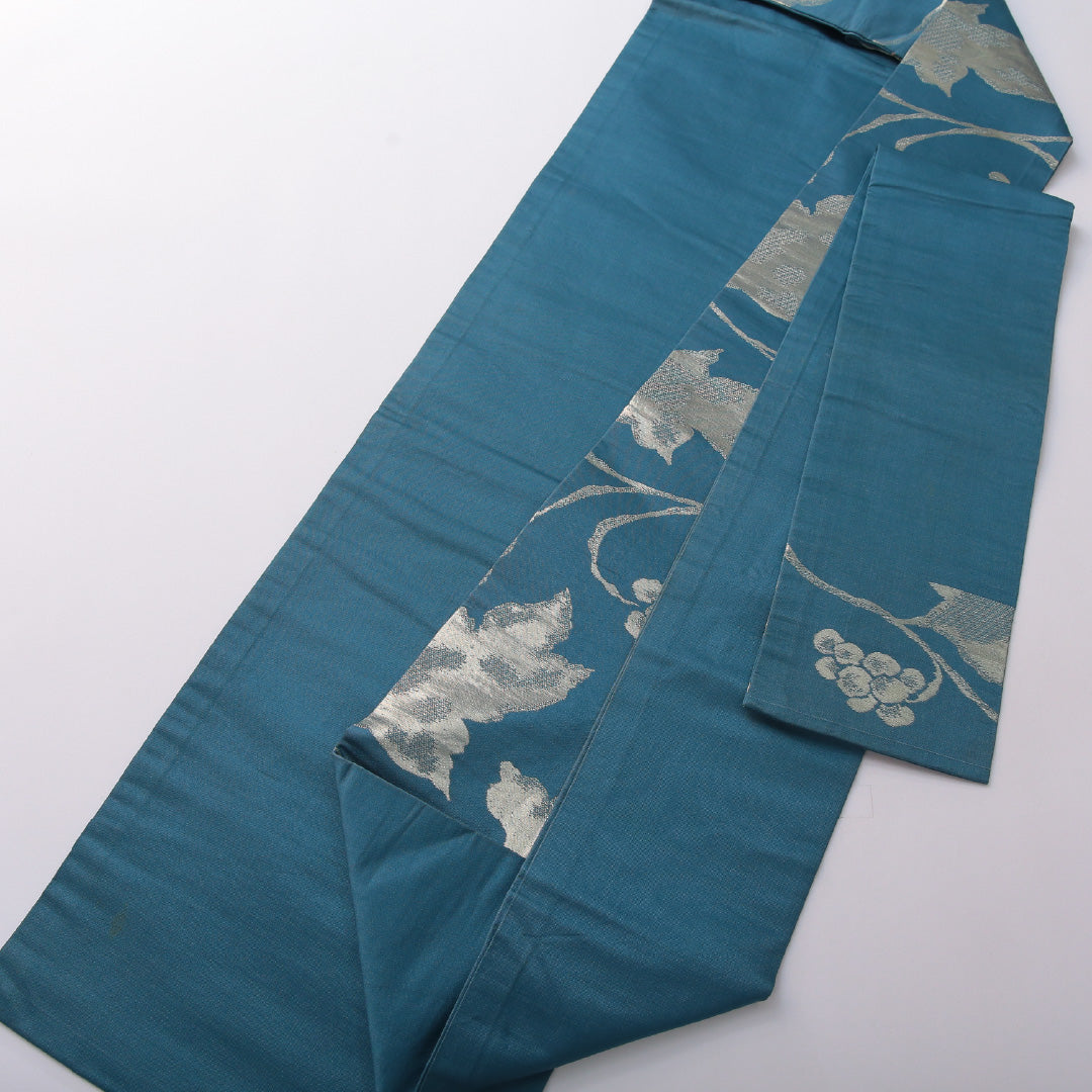 九寸名古屋帯 帯丈339cm カジュアル 名古屋仕立て 六通 Cランク 正絹 創作柄 青系 1224-03612