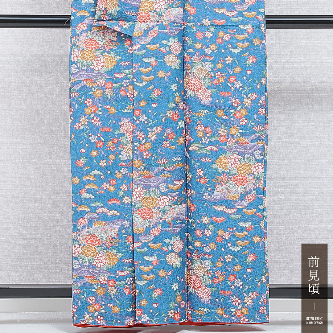 小紋 洗える着物 袷 身丈161cm 裄丈64cm ポリエステル Sランク Lサイズ 広衿 インフォーマル 古典柄 青系 1215-16208