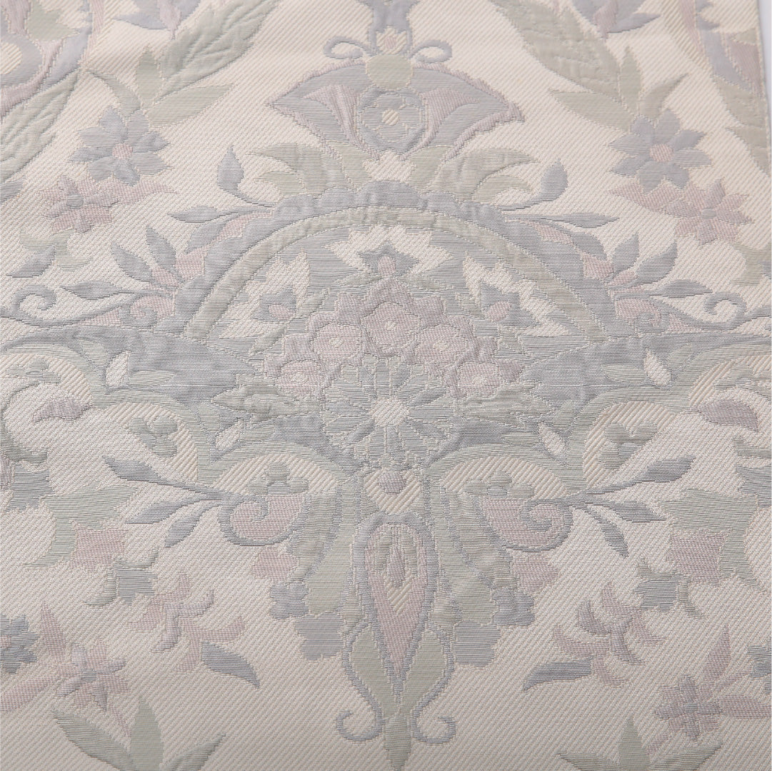 八寸名古屋帯 帯丈339cm セミフォーマル 松葉仕立て 六通 Dランク 正絹 アラベスク文様 白系 1224-03599