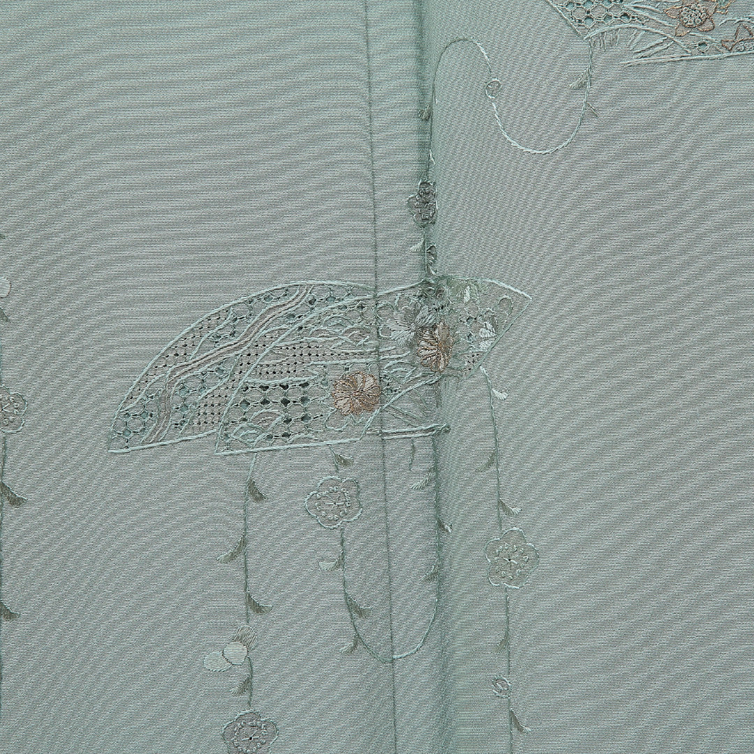 付下げ 袷 身丈153cm 裄丈60cm 正絹 Sランク Sサイズ 広衿 インフォーマル 扇 梅 蘇州刺繍 汕頭刺繡 緑系 1261-15675