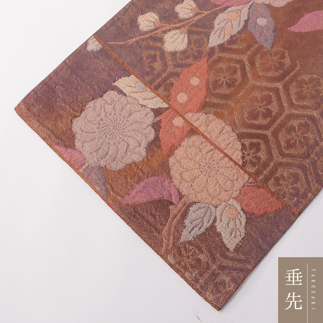 袋帯 帯丈424cm 正絹 全通 セミフォーマル 菊 吉祥文様 ピンク系 朱系 1243-01777