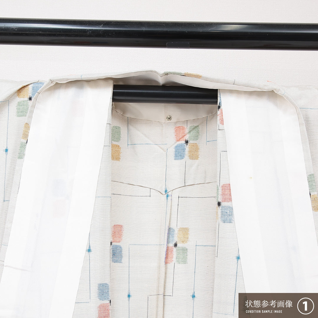 紬 単衣 身丈153cm 裄丈63cm 正絹 Sランク カジュアル 広衿 Sサイズ 居敷当て 肩当て 花柄 白系 RP 1223-15337
