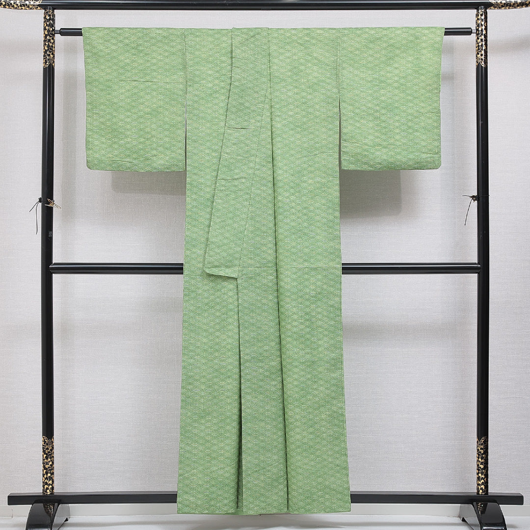 洗える着物 小紋 袷 身丈156cm 裄丈63cm ポリエステル Sランク インフォーマル 広衿 Mサイズ 格子 創作柄 緑系 RP 1221-16338