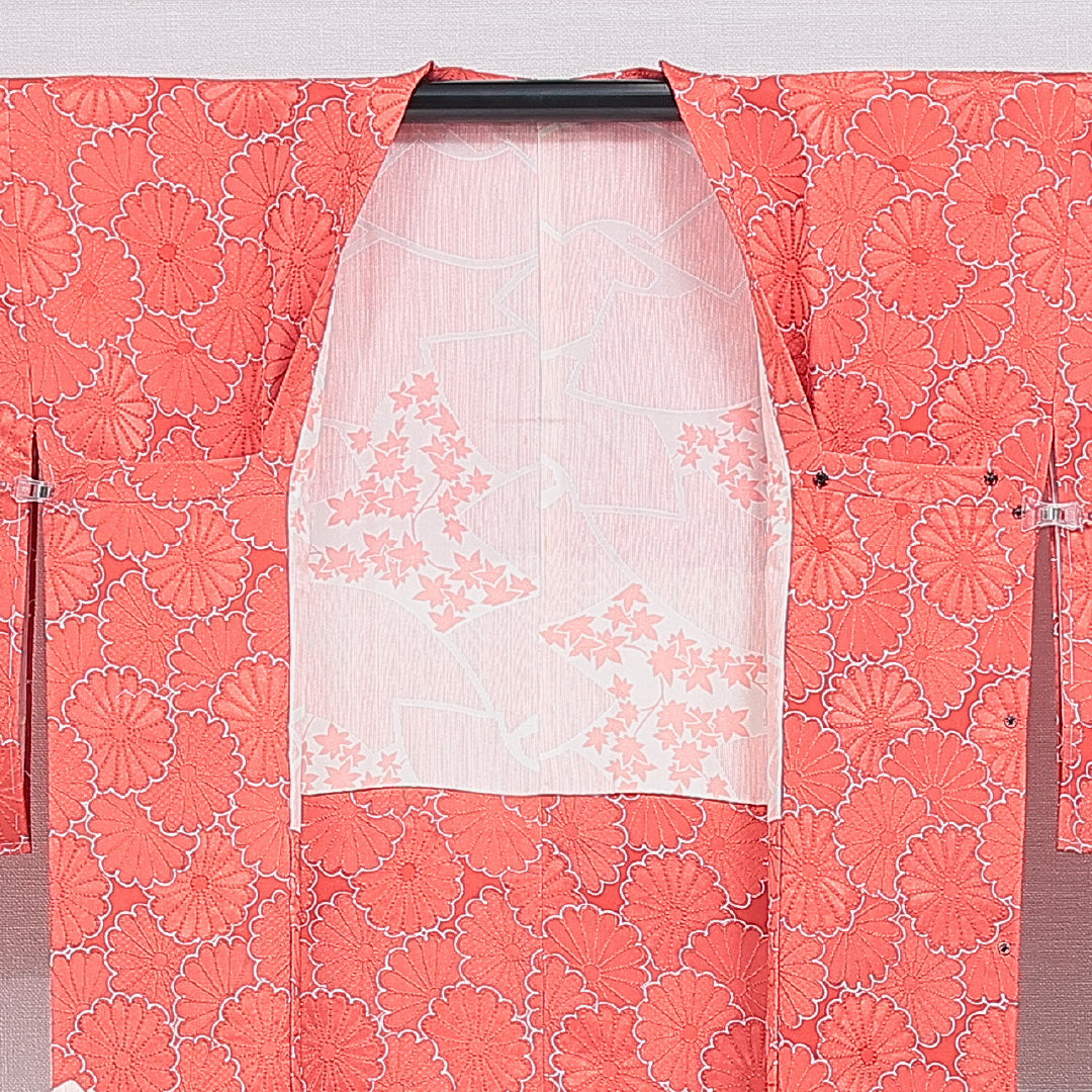 道行コート 袷 身丈86cm 裄丈64cm 正絹 Sランク セミフォーマル Mサイズ ポケットあり 菊 古典的 鮮やか 朱系 HP 1237-16161
