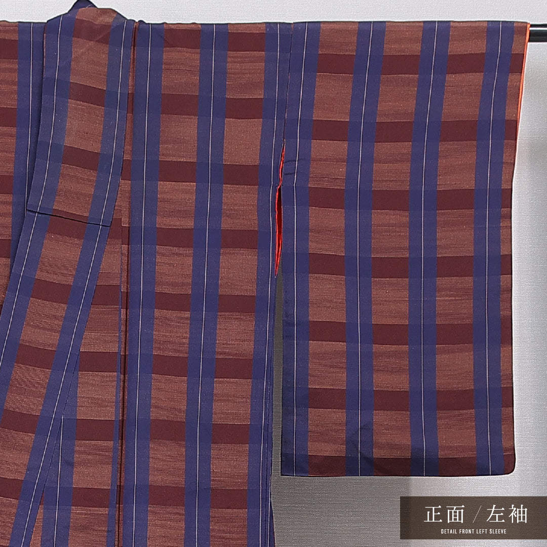 アンティーク 小紋 袷 身丈155cm 裄丈63cm 正絹 Dランク Mサイズ 広衿 格子 茶系 青系 1215-15576