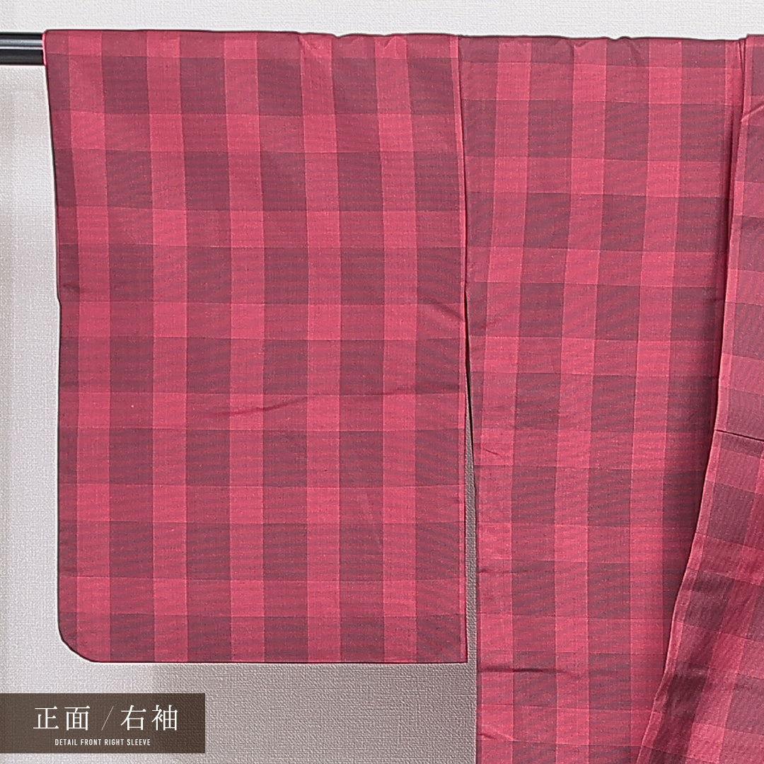 紬 袷 身丈147cm 裄丈62cm 正絹 Cランク カジュアル 広衿 XSサイズ 格子 赤系 LP 1223-16419