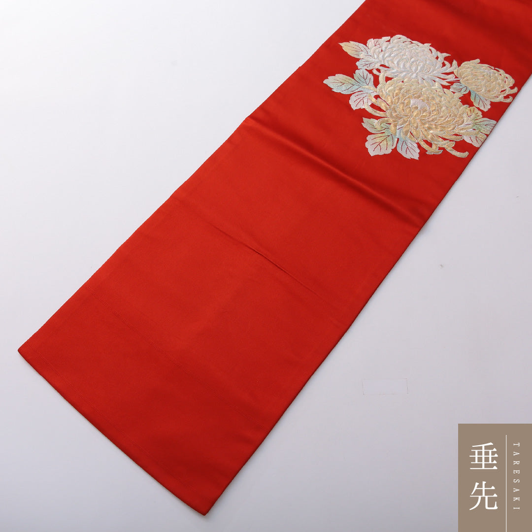 九寸名古屋帯 Aランク 帯丈359cm 正絹 ポイント柄 名古屋仕立て 織り セミフォーマル 菊 朱系 HP 1245-03609