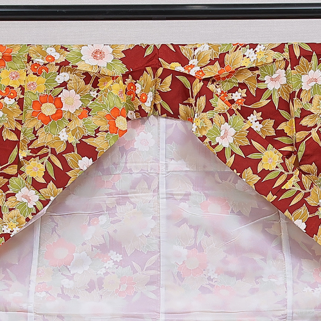 洗える着物 小紋 袷 身丈158cm 裄丈63cm ポリエステル Sランク インフォーマル 広衿 Mサイズ 花柄 赤系 RP 1221-16109
