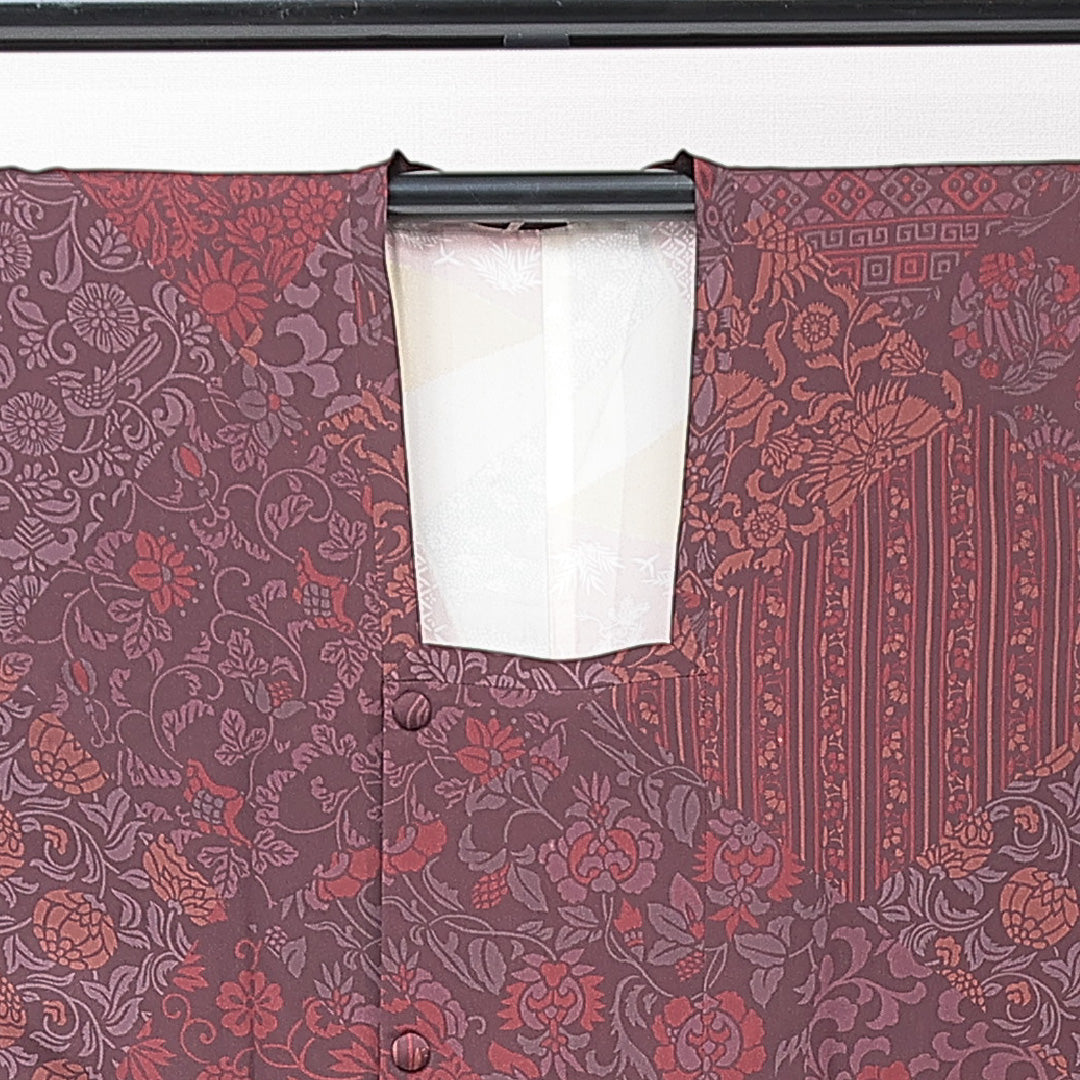 道行コート 袷 身丈86cm 裄丈66cm 正絹 Sランク Mサイズ フォーマル ポケットあり 唐草 縞 紫系 1263-15136