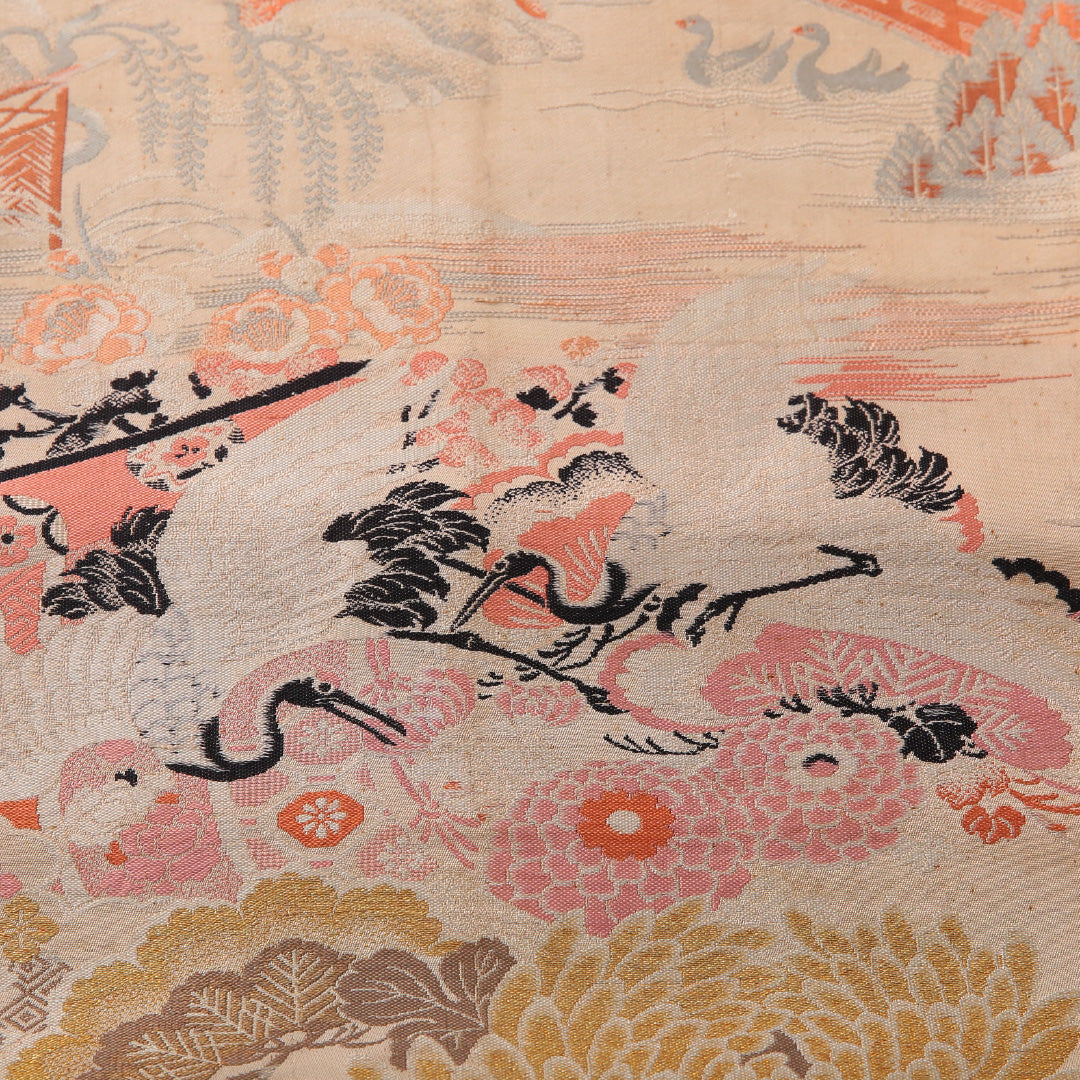 アンティーク 丸帯 帯丈380cm 全通 Cランク 正絹 鶴 菊 クリーム系 1223-02026