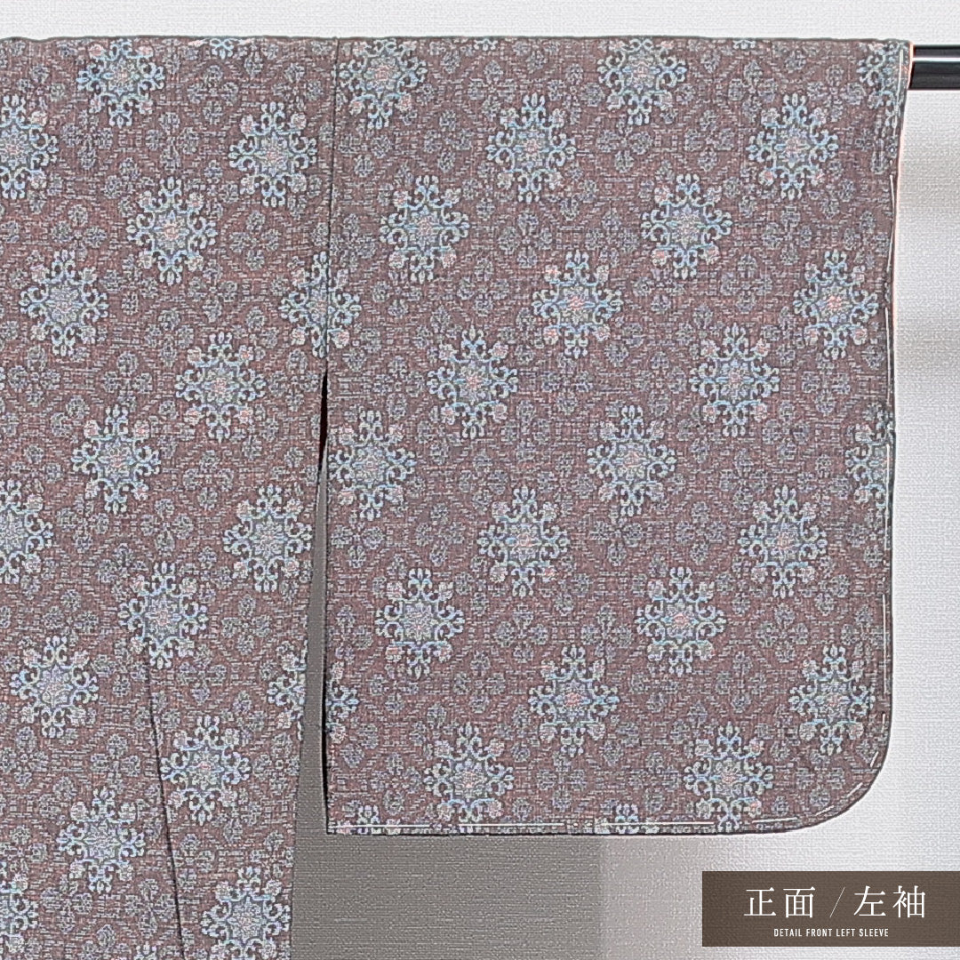 アンティーク 紬 袷 身丈150cm 裄丈61cm 正絹 Dランク バチ衿 Sサイズ アラベスク文様 茶系 RP 1223-16424
