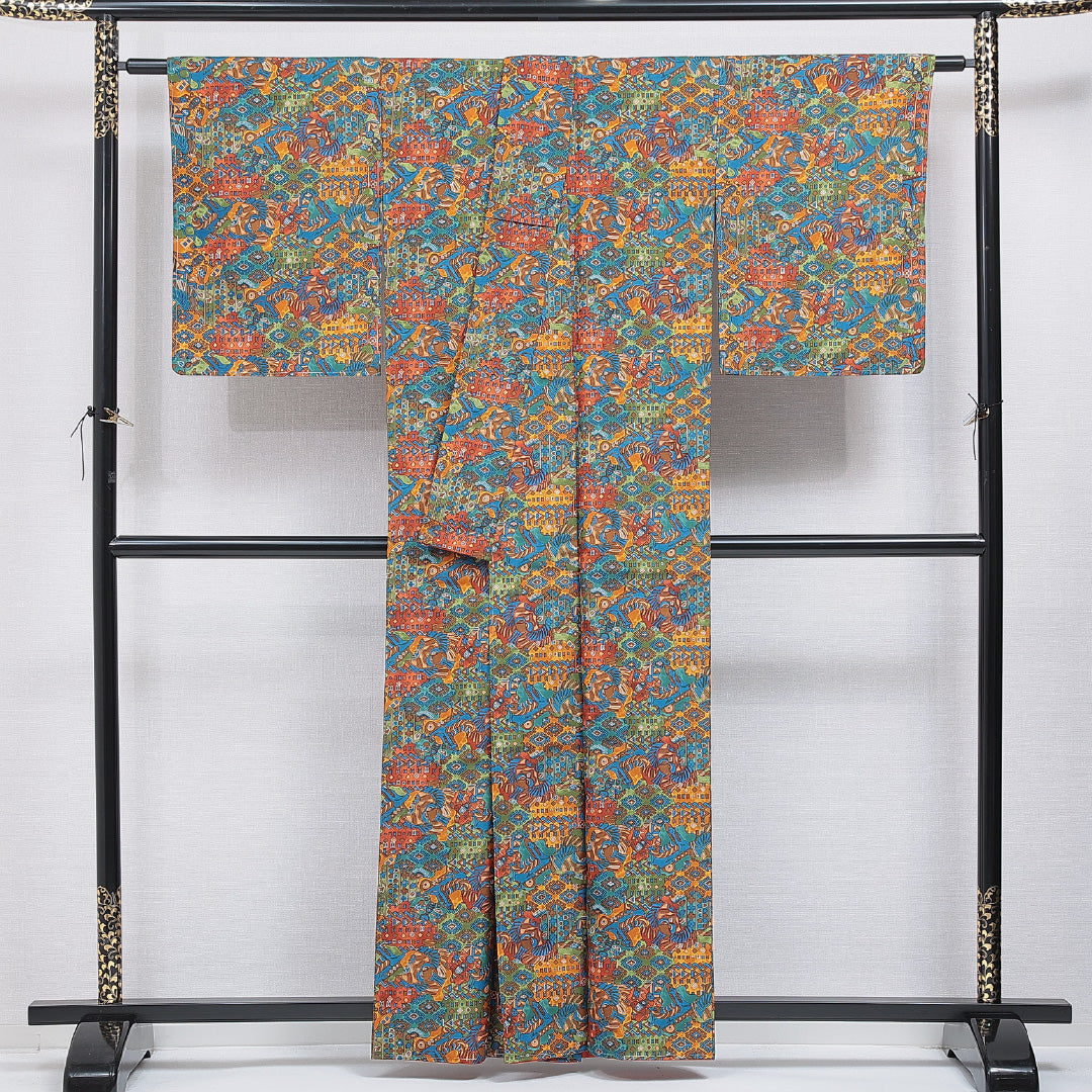 洗える着物 小紋 袷 身丈159cm 裄丈65cm ポリエステル Sランク インフォーマル 広衿 Mサイズ 創作柄 多色系 M4 1221-16361