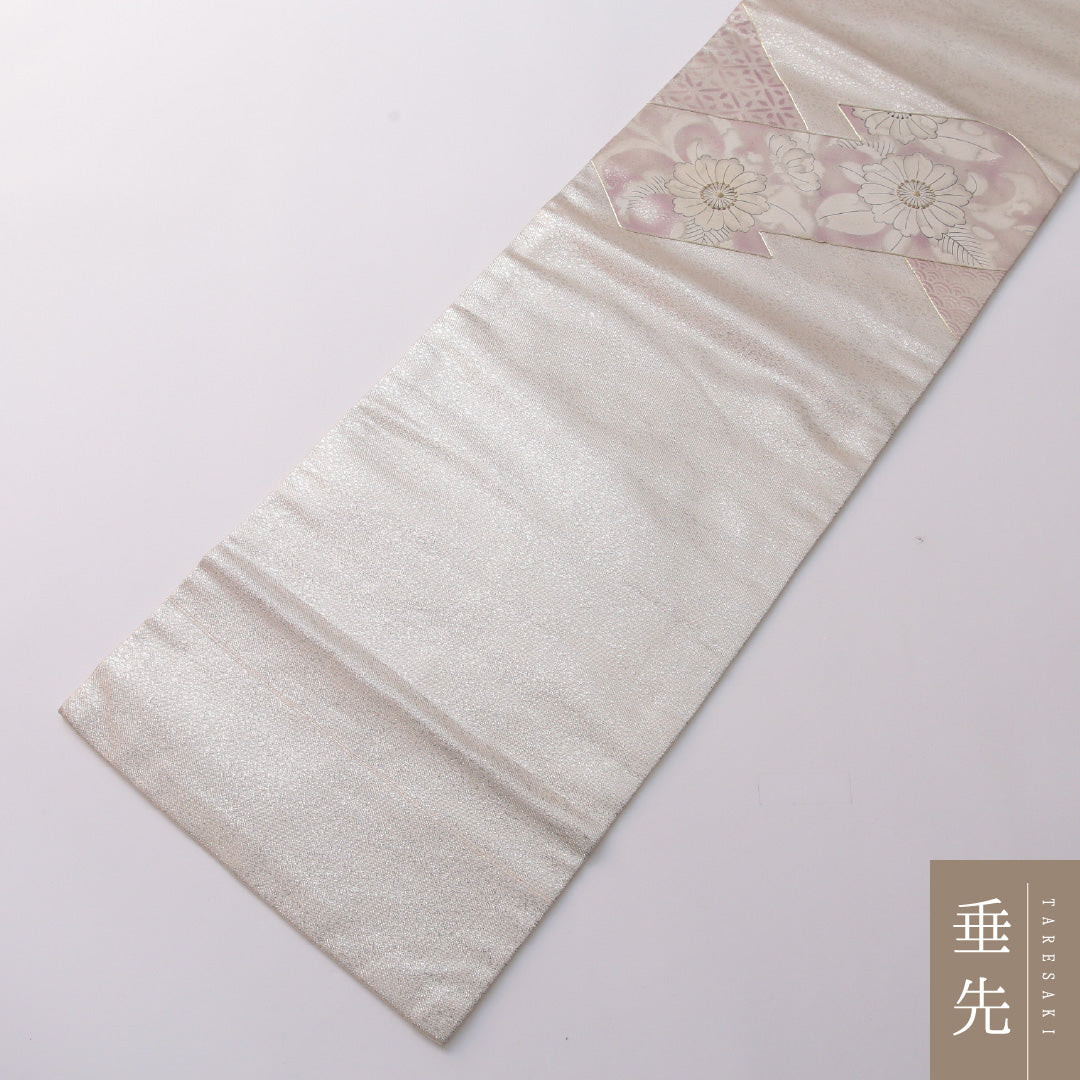 九寸名古屋帯 Sランク 帯丈361cm 正絹 六通 名古屋仕立て 染め セミフォーマル 桜 クリーム系・銀系 RP 1245-03259