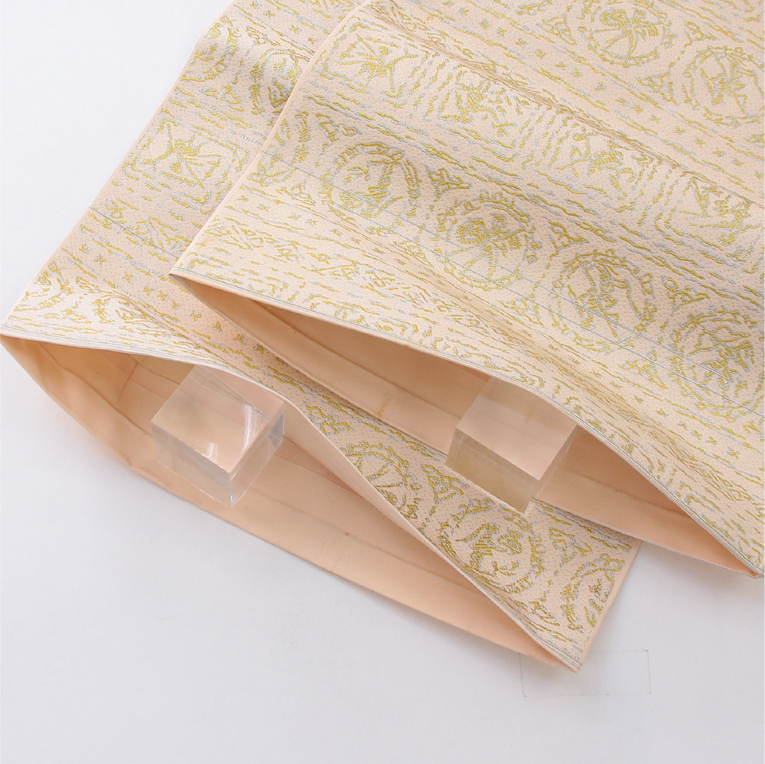 九寸名古屋帯 帯丈368cm カジュアル 開き仕立て 全通 未仕立て Cランク 正絹 丸文 ピンク系 1224-03983