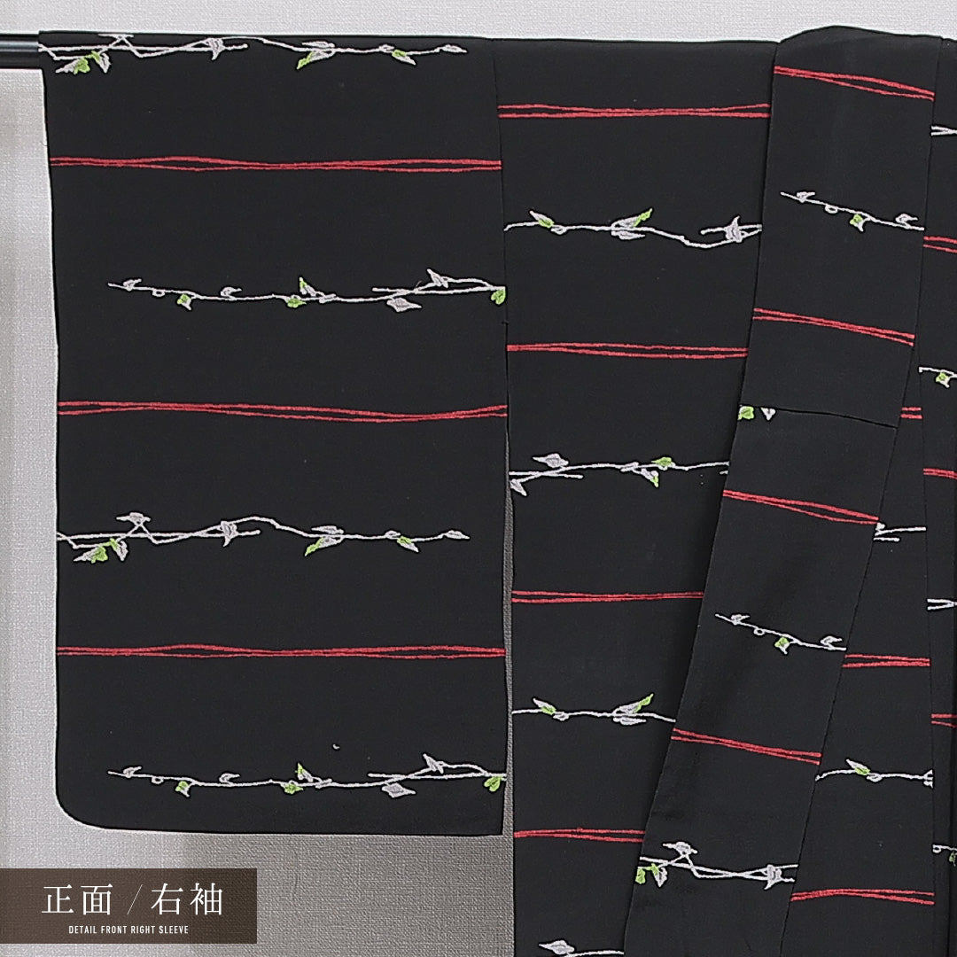 紬 単衣 身丈150cm 裄丈61cm 正絹 Sランク カジュアル 広衿 Sサイズ 刺繍 植物柄 黒系 RP 1223-15970