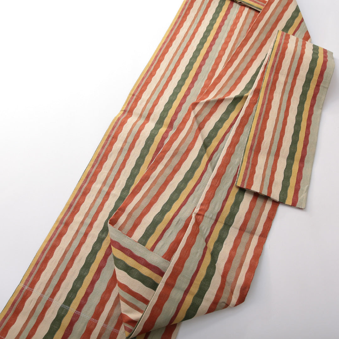 九寸名古屋帯 帯丈349cm カジュアル 名古屋仕立て 全通 Bランク 正絹 縞 多色系 1224-03825