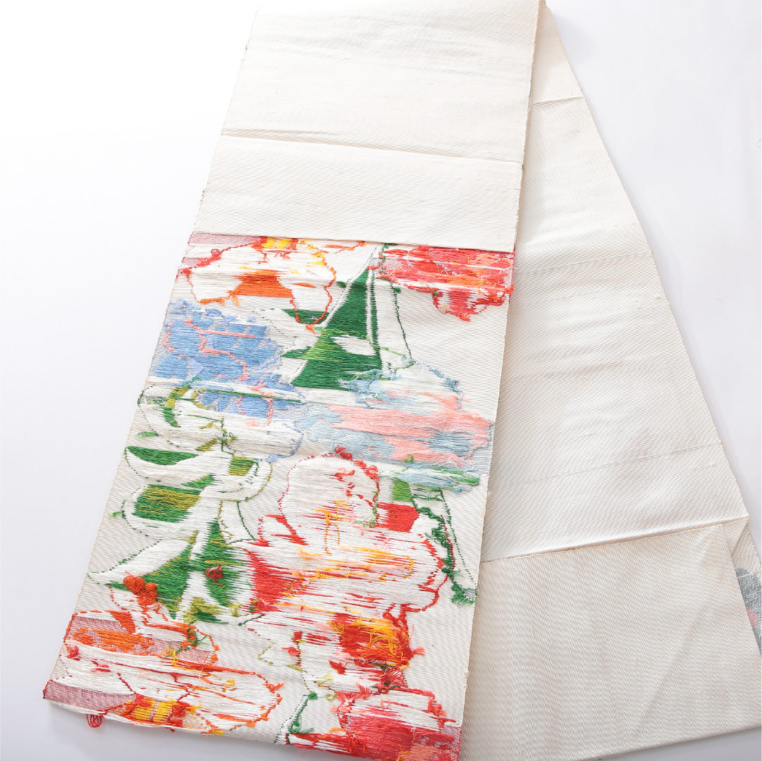 八寸名古屋帯（紬） 帯丈366cm カジュアル 松葉仕立て 六通 Aランク 正絹 花柄 クリーム系 1224-03909