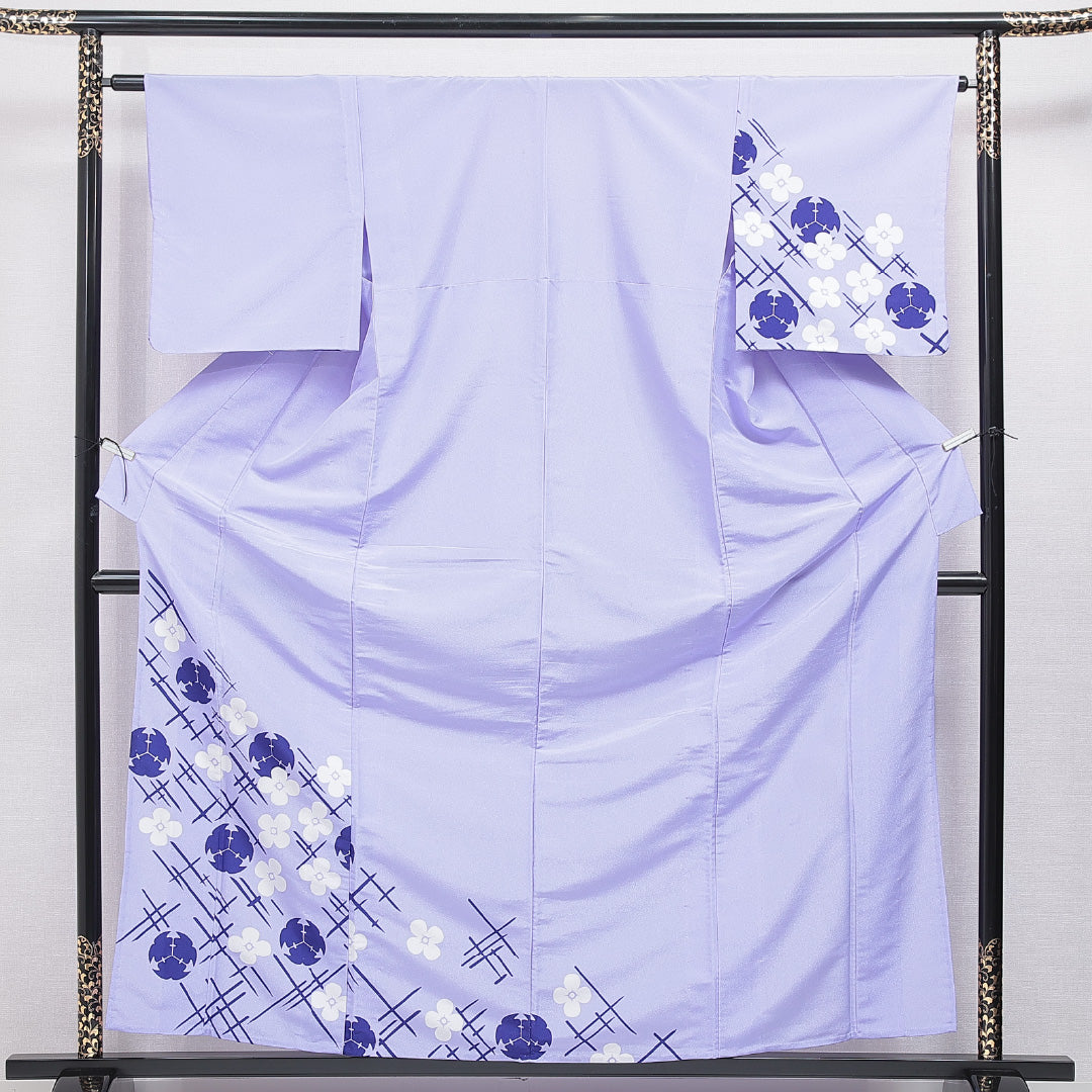 付下げ 洗える着物 単衣 身丈161cm 裄丈63cm ポリエステル Cランク Lサイズ バチ衿 インフォーマル 花柄 創作柄 紫系 1261-16301