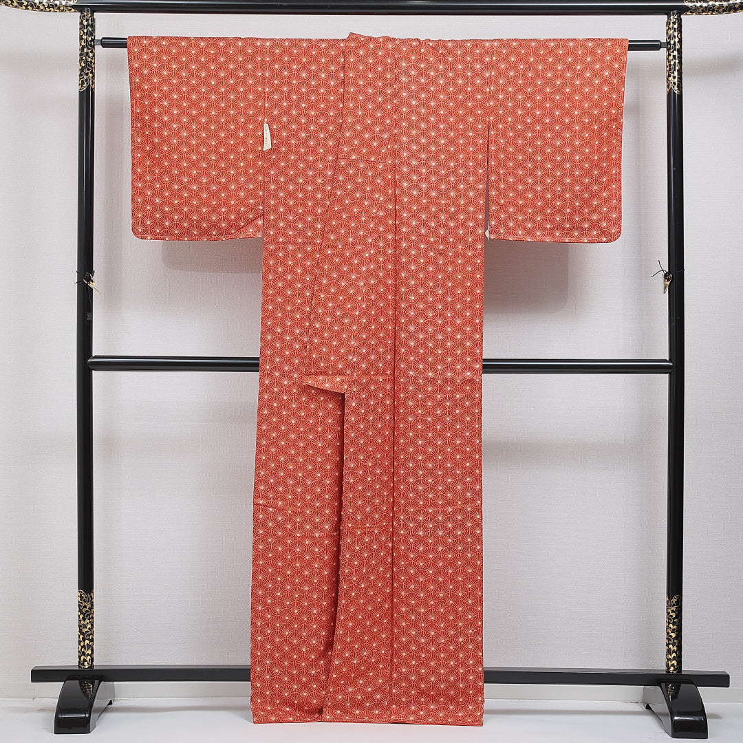 小紋 袷 身丈164cm 裄丈64cm 正絹 Sランク インフォーマル 広衿 Lサイズ 菊 朱系 RP 1221-16041
