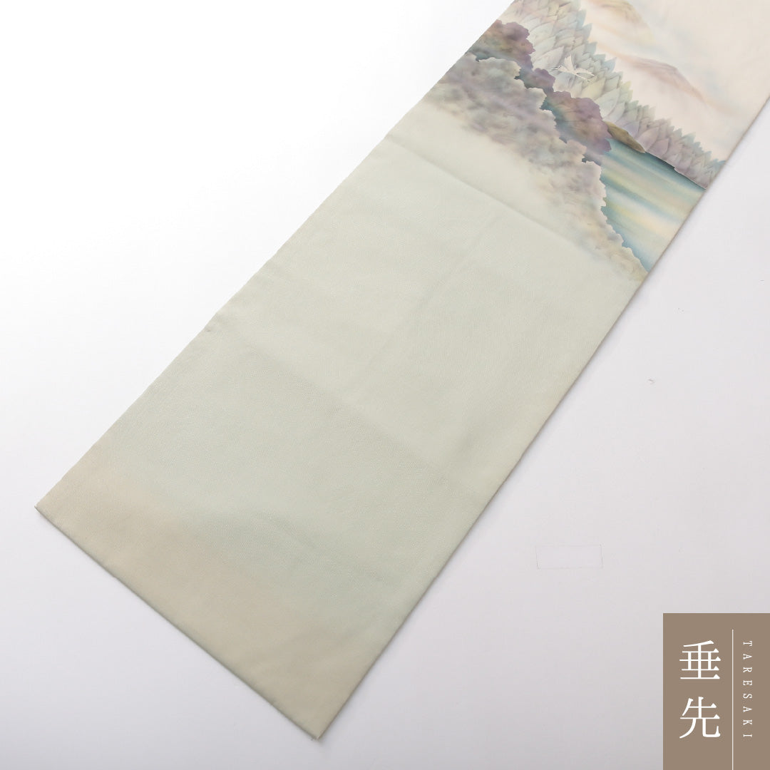 九寸名古屋帯 Bランク 帯丈359cm 正絹 ポイント柄 名古屋仕立て 染め インフォーマル 塩瀬 山水 クリーム系 RP 1245-03778