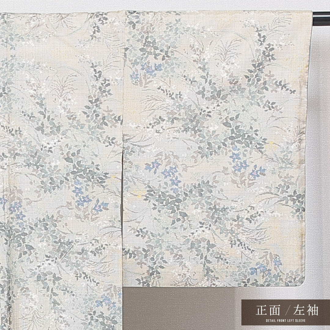 紬 袷 身丈166cm 裄丈62cm 正絹 Sランク カジュアル 広衿 XLサイズ 花柄 クリーム系 M4 1223-16074