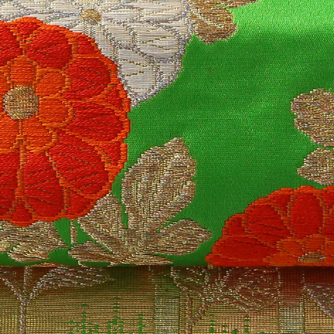 袋帯 帯丈420cm フォーマル 六通 Sランク 正絹 菊 金系 緑系 1223-02003