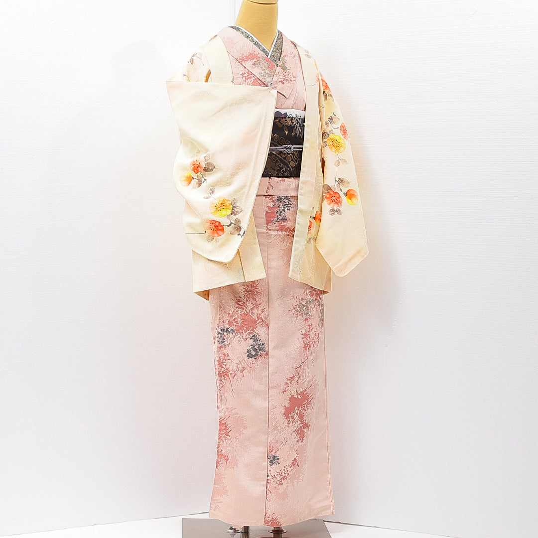 羽織 袷 身丈73cm 裄丈61cm 正絹 Cランク カジュアル Sサイズ 花柄 クリーム系 HP 1232-15250