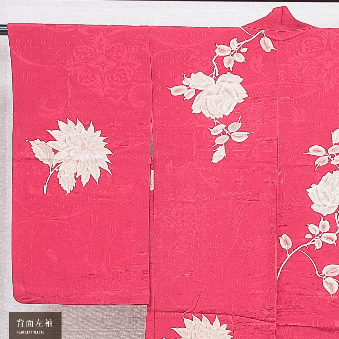アンティーク 羽織 袷 身丈93cm 裄丈62cm 正絹 Bランク Sサイズ 紋意匠 吉祥文様 薔薇 ピンク系 1217-16837