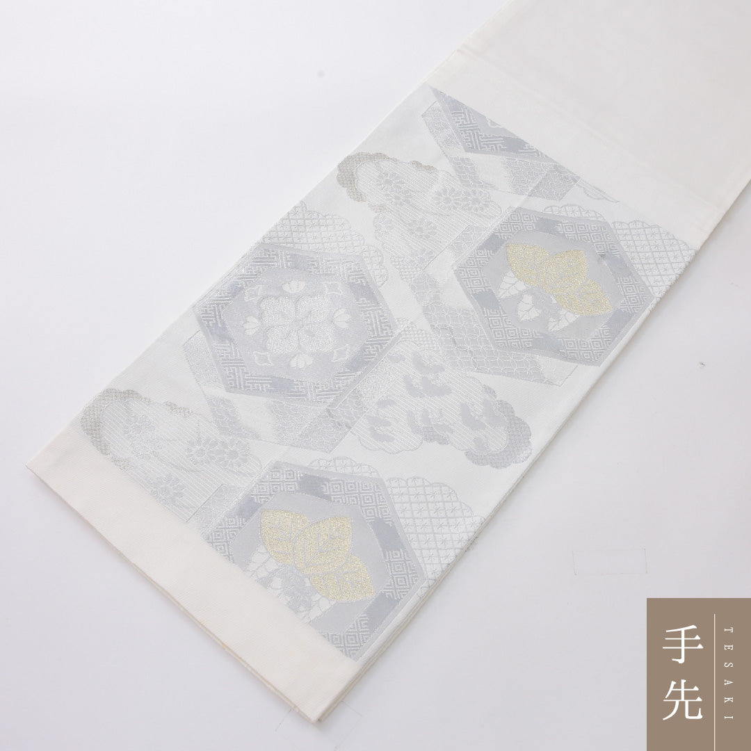 袋帯 帯丈438cm フォーマル 六通 未仕立て 帯芯なし Aランク 正絹 亀甲 クリーム系 銀系 1223-02231