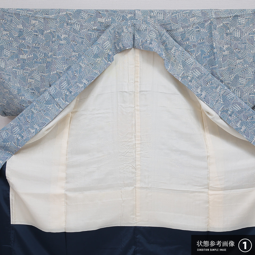 小紋 袷 身丈161cm 裄丈63cm 正絹 Aランク インフォーマル 広衿 Lサイズ 光悦垣 水色系 RP 1221-16081