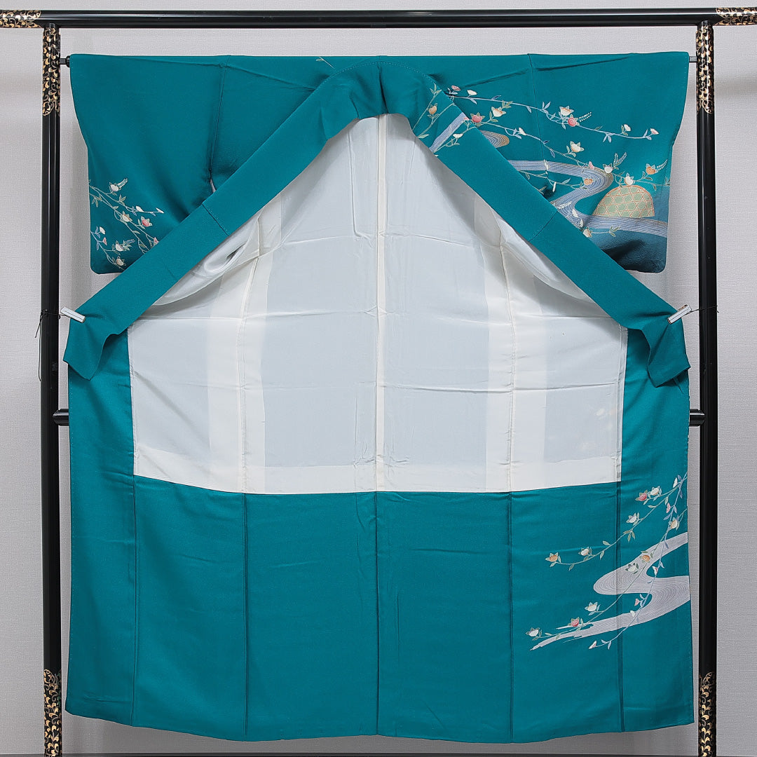 訪問着 洗える着物 袷 身丈156cm 裄丈65cm ポリエステル Sランク Mサイズ 広衿 セミフォーマル 流水 橘 金駒刺繍 緑系 青系 1212-16086